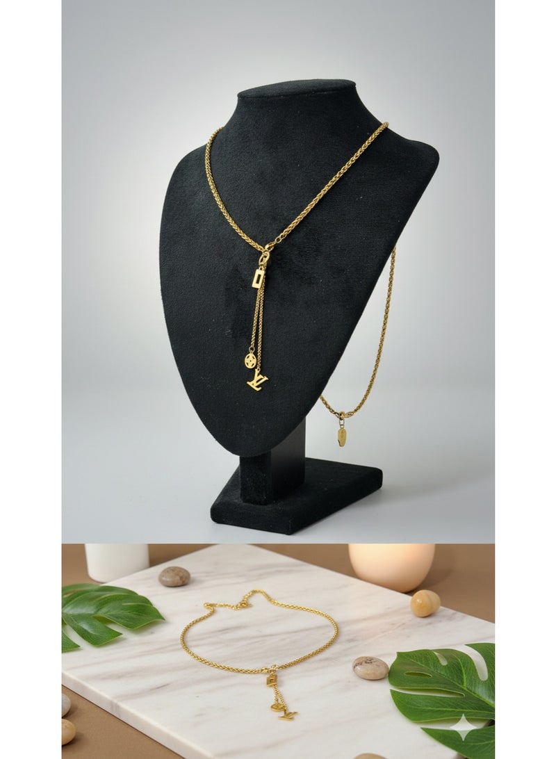 WARD Elegant Gold-Tone Stainless Steel Y-Shaped Chain for Women with Classic Logo Charms. - Image 3